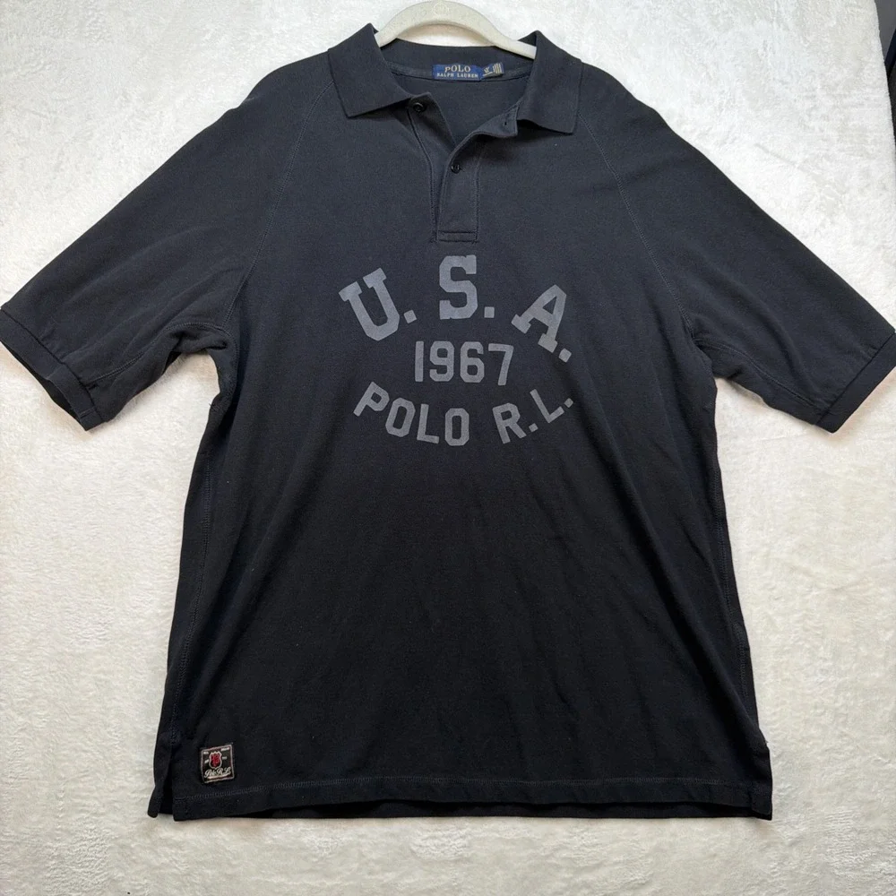 Polo Ralph Lauren Polo Shirt USA 1967‎ Graphic Black Preppy Mens LT Americana